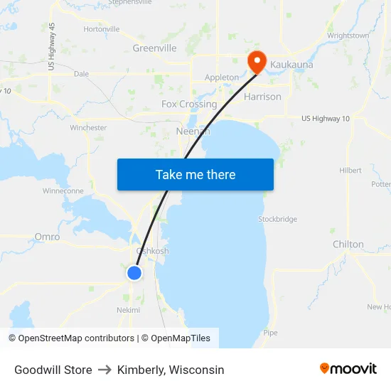 Goodwill Store to Kimberly, Wisconsin map