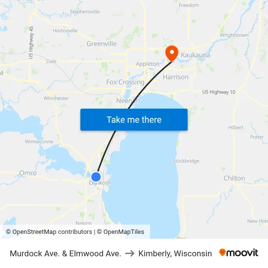 Murdock Ave. & Elmwood Ave. to Kimberly, Wisconsin map