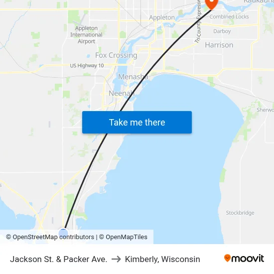 Jackson St. & Packer Ave. to Kimberly, Wisconsin map