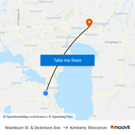 Washburn St. & Dickinson Ave. to Kimberly, Wisconsin map