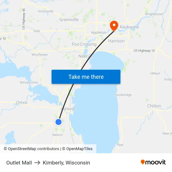Outlet Mall to Kimberly, Wisconsin map