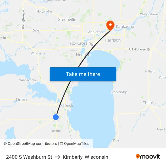 2400 S Washburn St to Kimberly, Wisconsin map