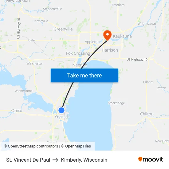 St. Vincent De Paul to Kimberly, Wisconsin map