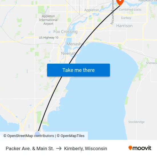 Packer Ave. & Main St. to Kimberly, Wisconsin map