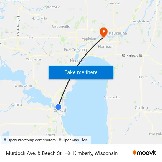 Murdock Ave. & Beech St. to Kimberly, Wisconsin map