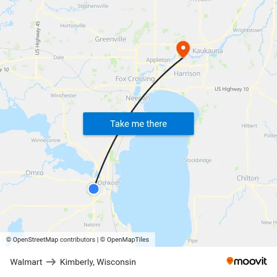 Walmart to Kimberly, Wisconsin map