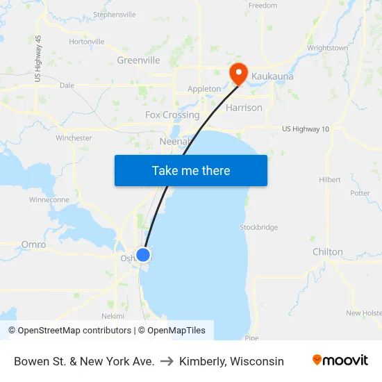 Bowen St. & New York Ave. to Kimberly, Wisconsin map