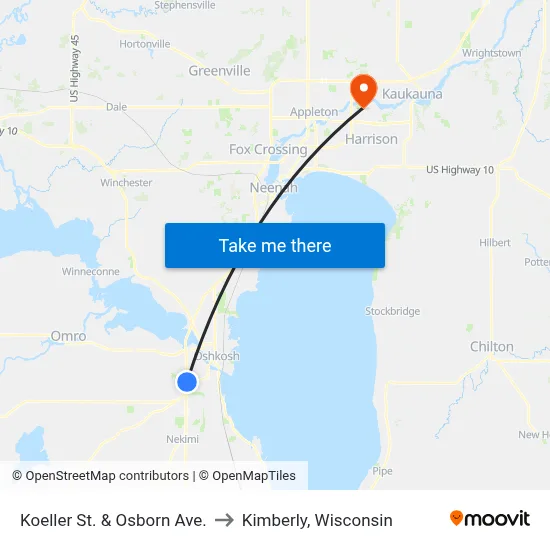 Koeller St. & Osborn Ave. to Kimberly, Wisconsin map
