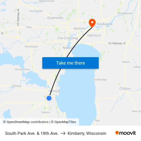South Park Ave. & 18th Ave. to Kimberly, Wisconsin map
