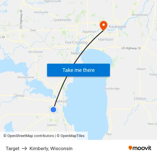 Target to Kimberly, Wisconsin map