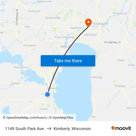 1149 South Park Ave. to Kimberly, Wisconsin map