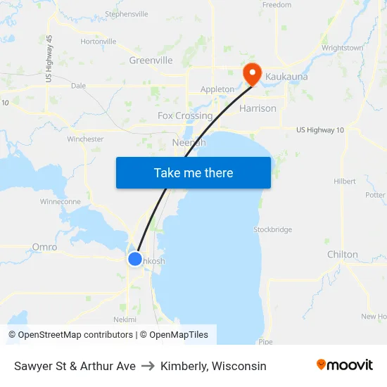 Sawyer St & Arthur Ave to Kimberly, Wisconsin map