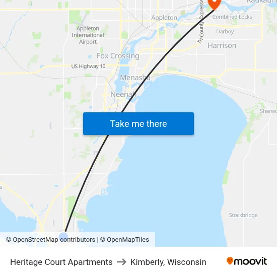 Heritage Court Apartments to Kimberly, Wisconsin map