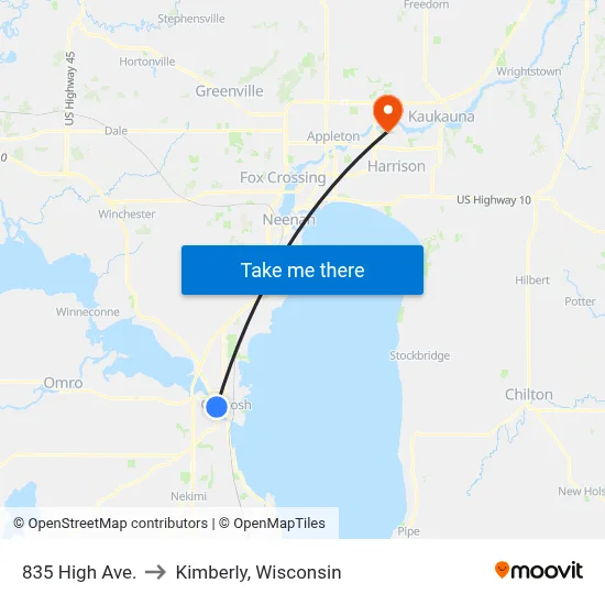 835 High Ave. to Kimberly, Wisconsin map