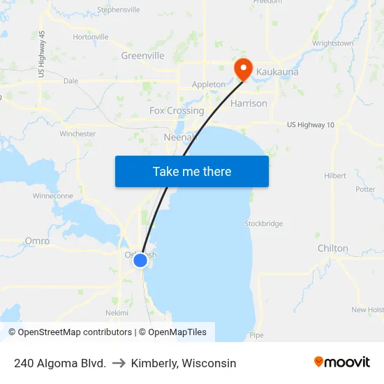 240 Algoma Blvd. to Kimberly, Wisconsin map