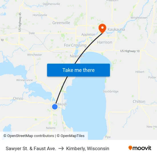 Sawyer St. & Faust Ave. to Kimberly, Wisconsin map