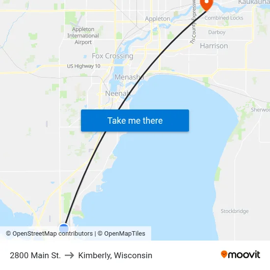 2800 Main St. to Kimberly, Wisconsin map