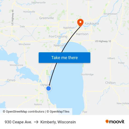 930 Ceape Ave. to Kimberly, Wisconsin map