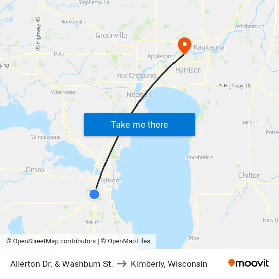 Allerton Dr. & Washburn St. to Kimberly, Wisconsin map