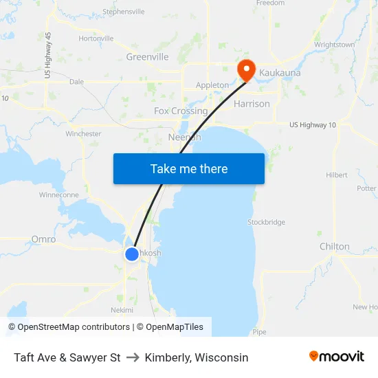 Taft Ave & Sawyer St to Kimberly, Wisconsin map