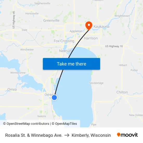 Rosalia St. & Winnebago Ave. to Kimberly, Wisconsin map