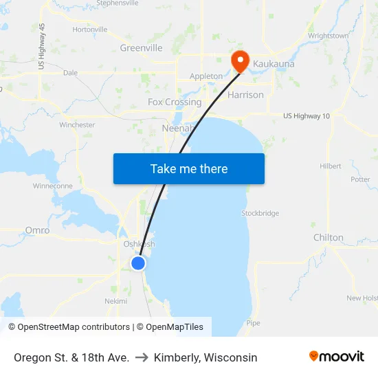 Oregon St. & 18th Ave. to Kimberly, Wisconsin map