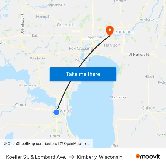 Koeller St. & Lombard Ave. to Kimberly, Wisconsin map
