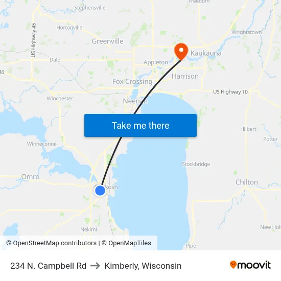 234 N. Campbell Rd to Kimberly, Wisconsin map