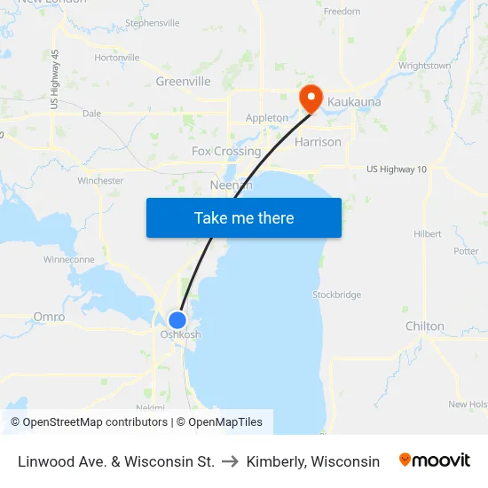 Linwood Ave. & Wisconsin St. to Kimberly, Wisconsin map