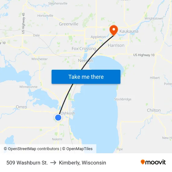509 Washburn St. to Kimberly, Wisconsin map