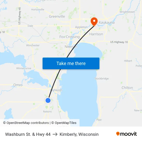 Washburn St. & Hwy 44 to Kimberly, Wisconsin map