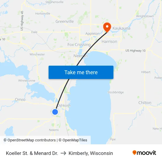 Koeller St. & Menard Dr. to Kimberly, Wisconsin map