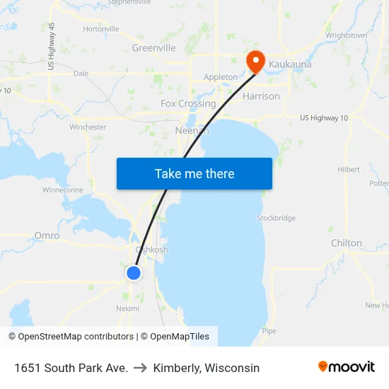 1651 South Park Ave. to Kimberly, Wisconsin map