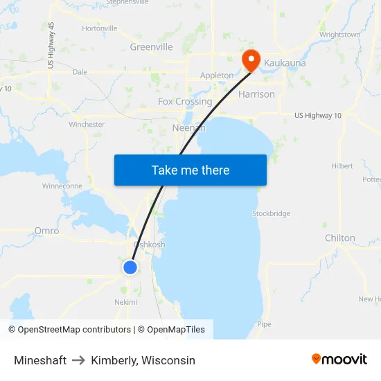 Mineshaft to Kimberly, Wisconsin map