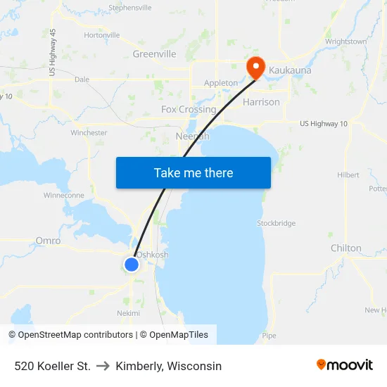 520 Koeller St. to Kimberly, Wisconsin map