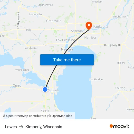 Lowes to Kimberly, Wisconsin map