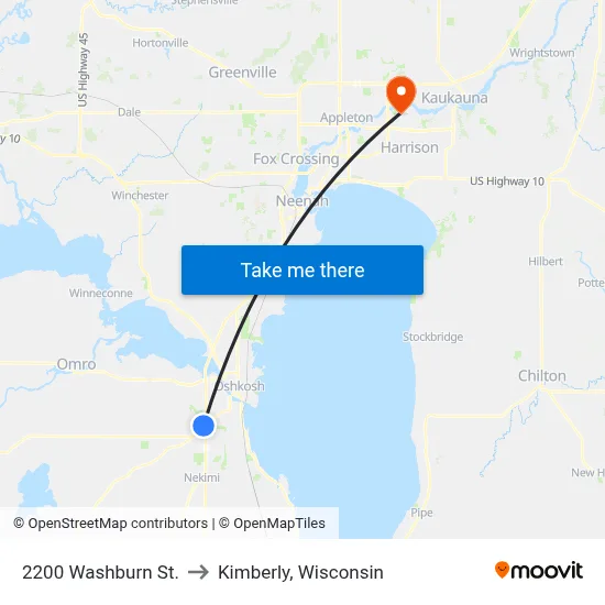 2200 Washburn St. to Kimberly, Wisconsin map