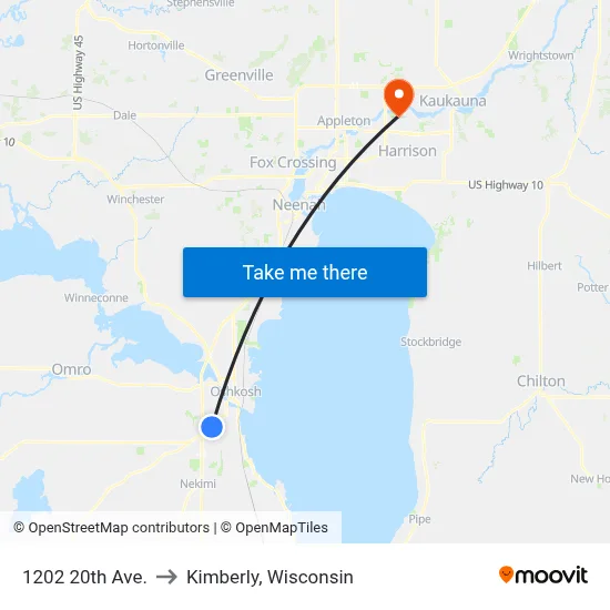 1202 20th Ave. to Kimberly, Wisconsin map