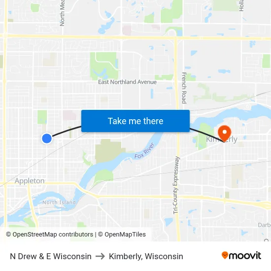N Drew & E Wisconsin to Kimberly, Wisconsin map