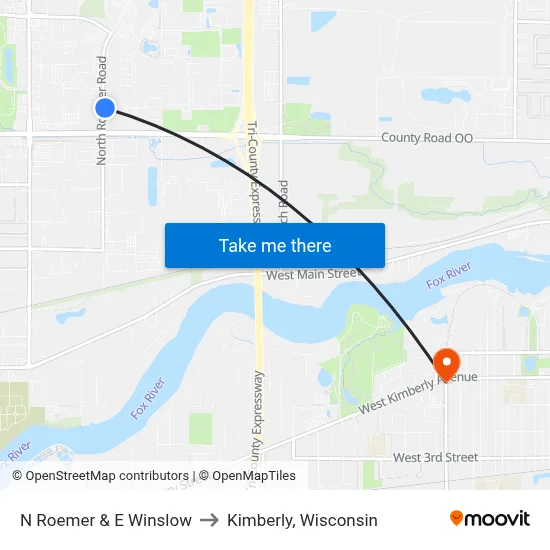 N Roemer & E Winslow to Kimberly, Wisconsin map