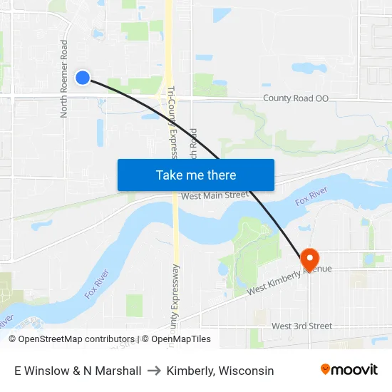 E Winslow & N Marshall to Kimberly, Wisconsin map