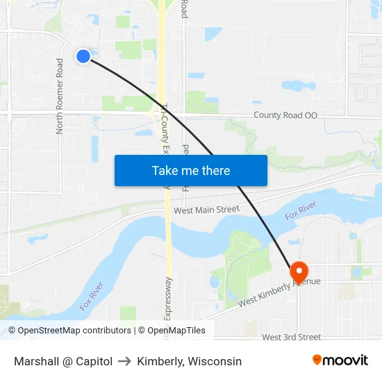Marshall @ Capitol to Kimberly, Wisconsin map