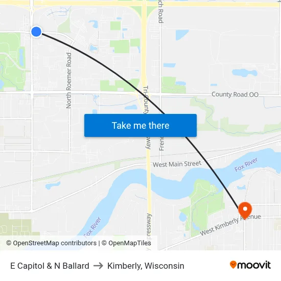 E Capitol & N Ballard to Kimberly, Wisconsin map