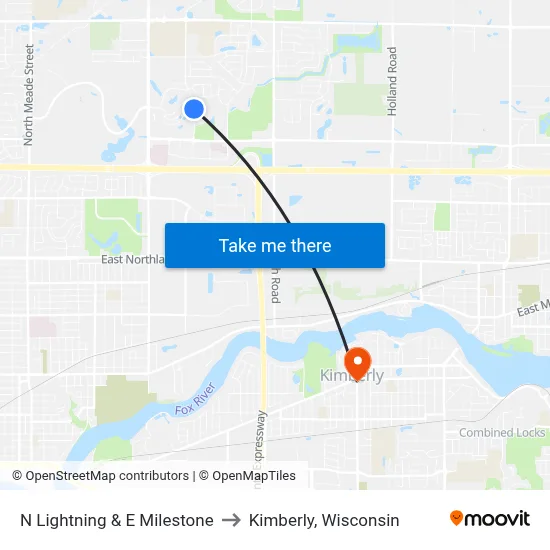 N Lightning & E Milestone to Kimberly, Wisconsin map