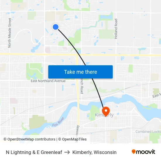 N Lightning & E Greenleaf to Kimberly, Wisconsin map