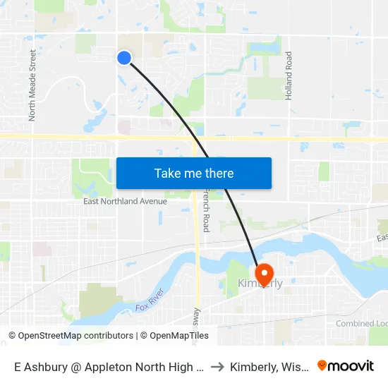 E Ashbury @ Appleton North High School Drive to Kimberly, Wisconsin map