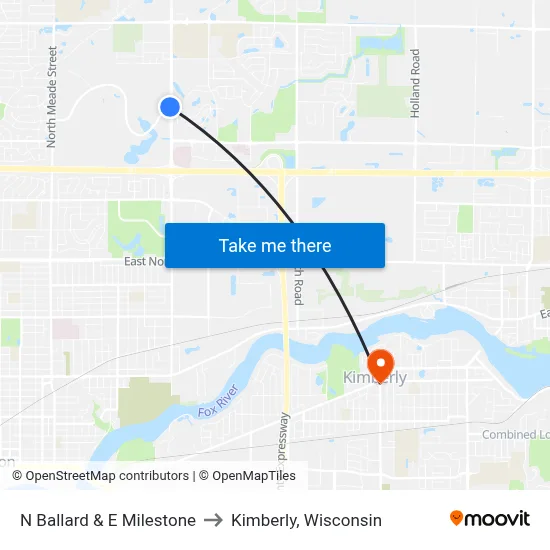 N Ballard & E Milestone to Kimberly, Wisconsin map