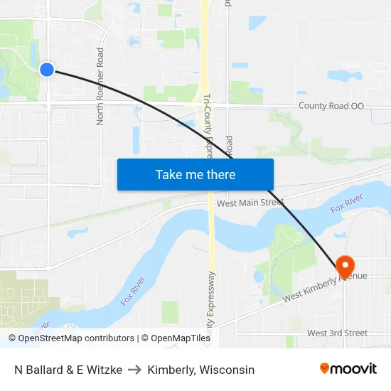 N Ballard & E Witzke to Kimberly, Wisconsin map