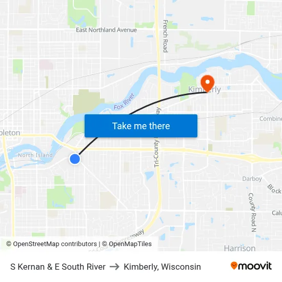 S Kernan & E South River to Kimberly, Wisconsin map