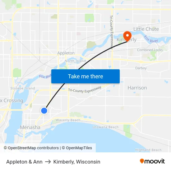 Appleton &  Ann to Kimberly, Wisconsin map